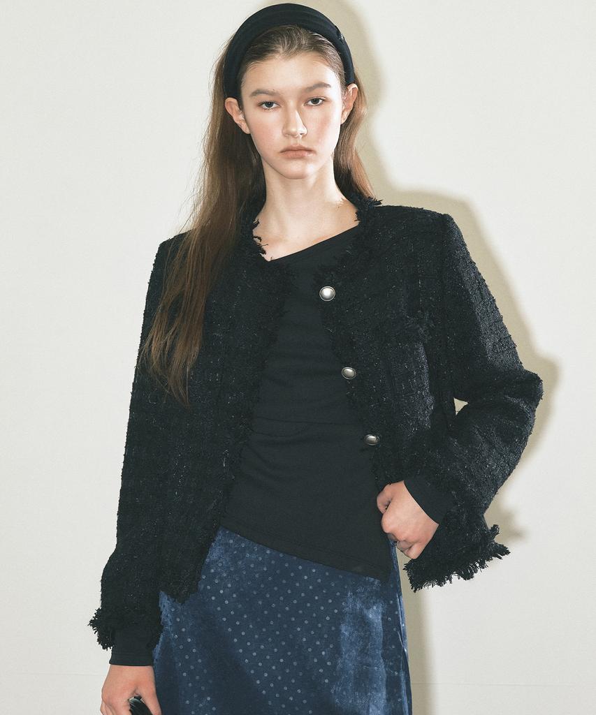 NICK&NICOLE Fringed Tweed Jacket_Black