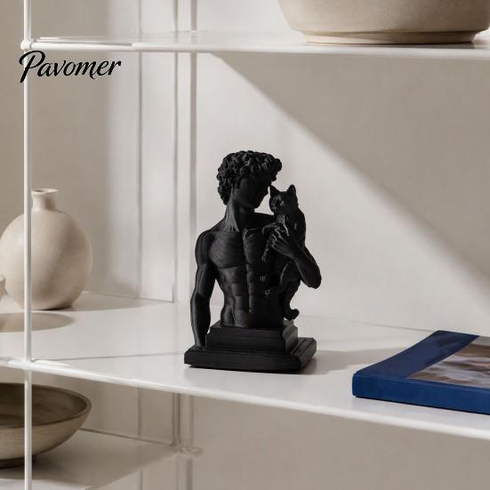 Stylish Living Room Decor 3D Printed David Statue with Cat, European Classic Art Sculpture Figurine Handcrafted Gift for Home Office Decor,