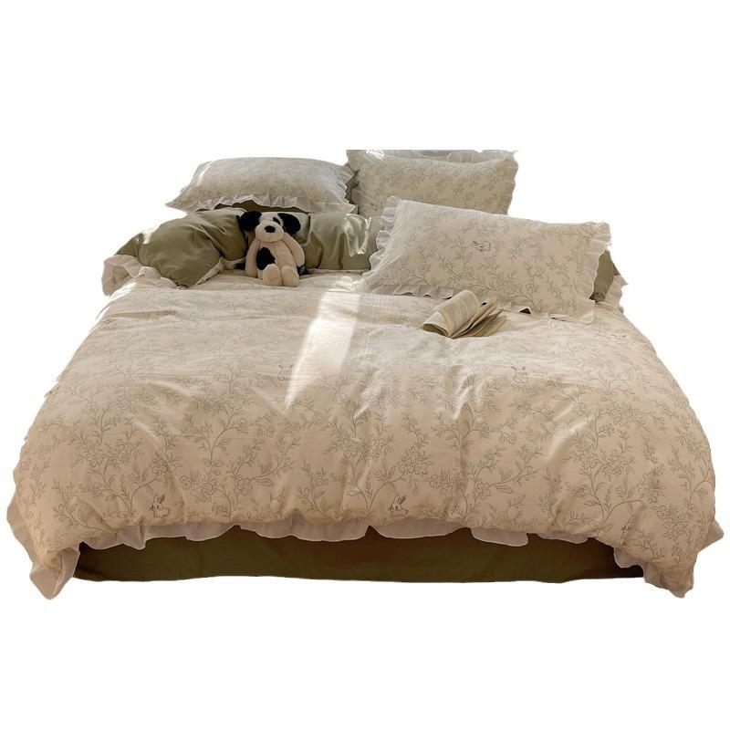 Class A Maternal And Infant Grade Lace Super Soft Washed Cotton4-Pcs Set, Household High-End Bed Sheet Quilt Cover 60 Pcs