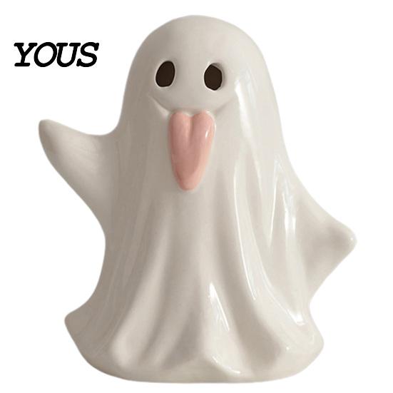 Modern Minimalist Home Decor Light Up Ceramic Ghost Figurines for Halloween Decor, Cute White Statue Milky Vase with Pink Tongue, LED Night