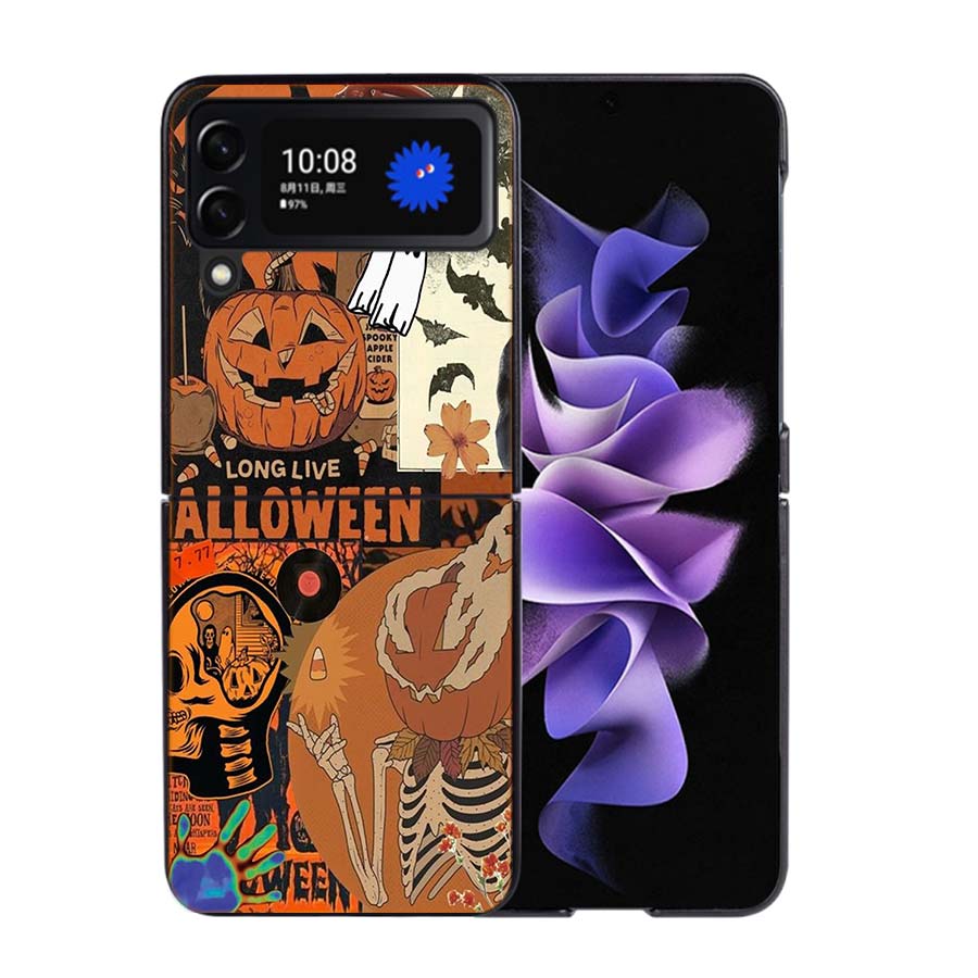 Halloween Herbst Kunst Hexe Katze Handyhülle Für Samsung Z Flip 7 6 5G Galaxy Z Flip4 Z Flip5 Z Flip3 Hülle Schwarze Harte PC Schale Prote