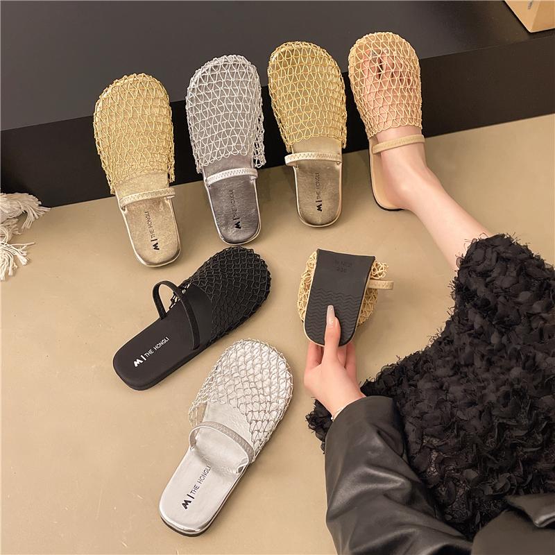 Fashion 2025 Summer New Women's Slippers Sandals Party Shoes for Women Fashion Strange Style Square Toe Shallow Band Weaving Slip-On