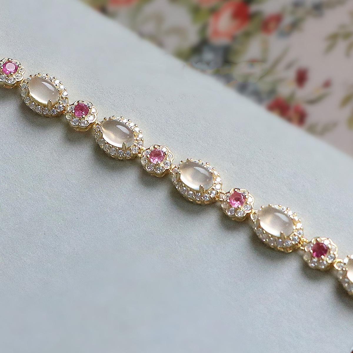 Girly Heart 14K Gold-Plated S925 Silver Pink Zircon White Agate Lucky Bracelet Bangle - Retro Light Luxury 14K Gold