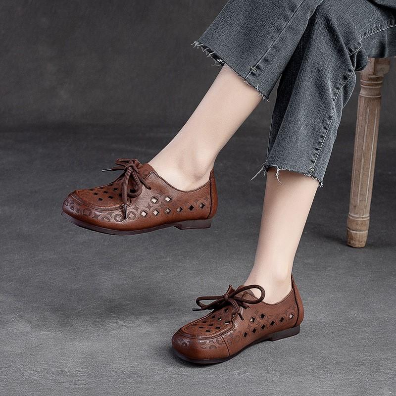 Johnature Sandales d'été confortables et décontractées ajourées pour femmes, chaussures plates respirantes à lacets en cuir véritable, semelle souple