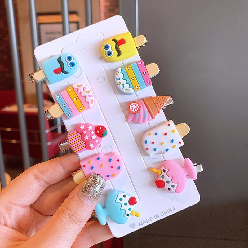 10Pcs/set New Cream Ice Cream Children's Cartoon Hairpin Korean Cute Fruit Headgear Rainbow Princess Bangs Clip Hair Accessories