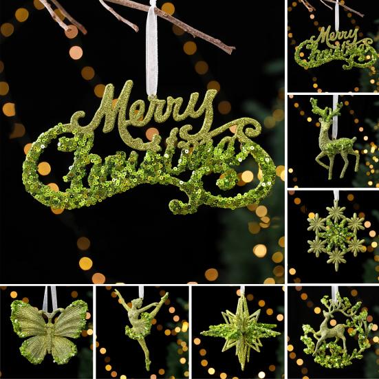 Glitter Christmas Ornaments Green Sequined Butterfly/Star/Reindeer Xmas Tree Hanging Decorations for Xmas Tree Holiday Home Party Decor