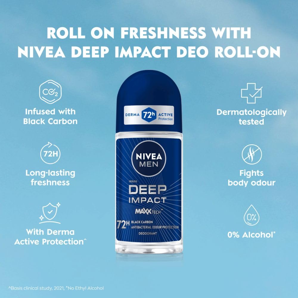 Nivea MEN Deep Impact Freshness Underarm Roll On Deodorant for Men with Black Carbon | 50ml