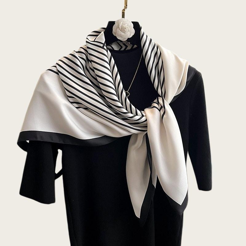 Temperament navy blue beige twill smooth silk scarf square scarf 91cm versatile square scarf shawl spring and autumn new scarf