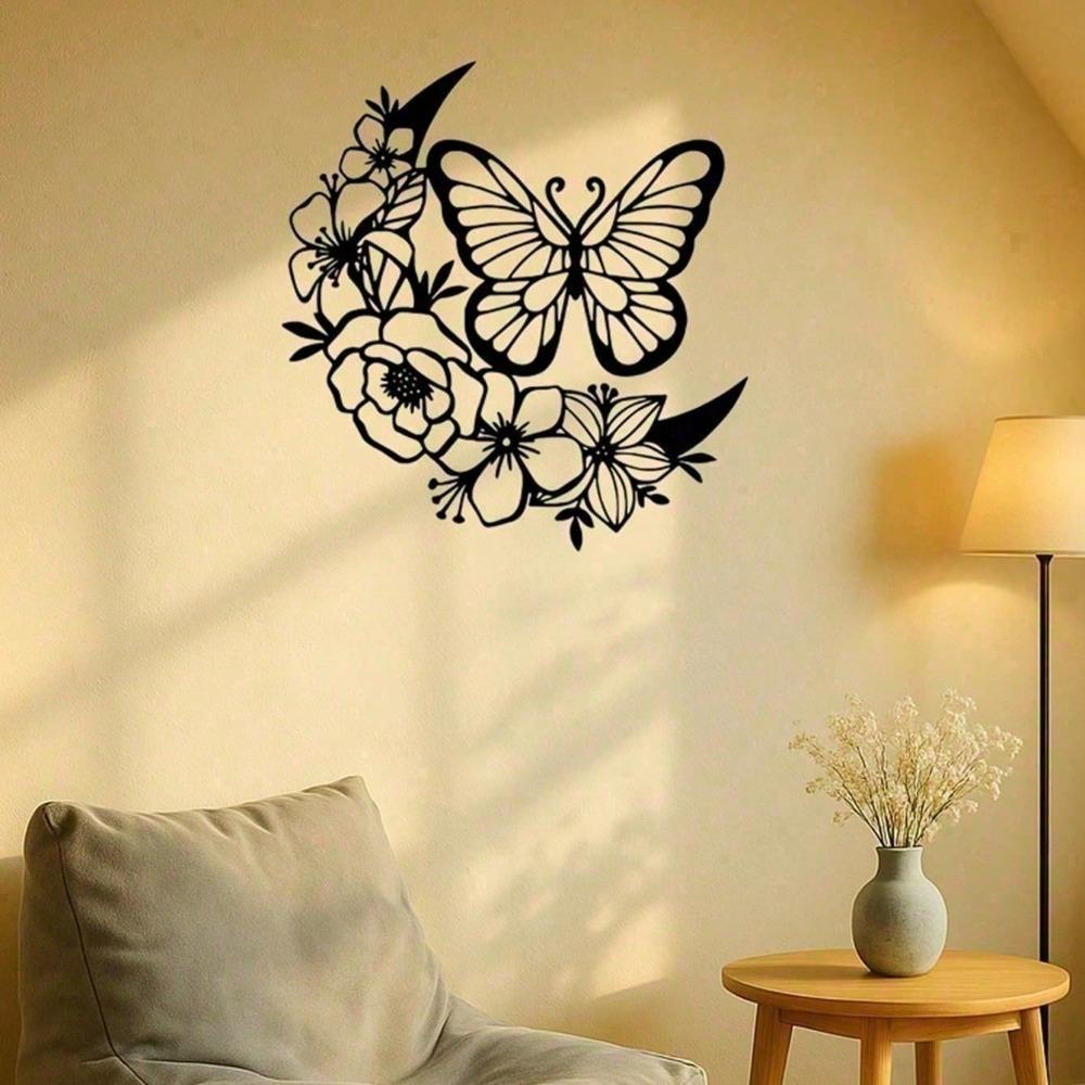 Butterfly Moon Phase Metal Wall Art Bohemian Decor Waterproof Rustproof for Indoor Outdoor Home Garden Aesthetic Gift