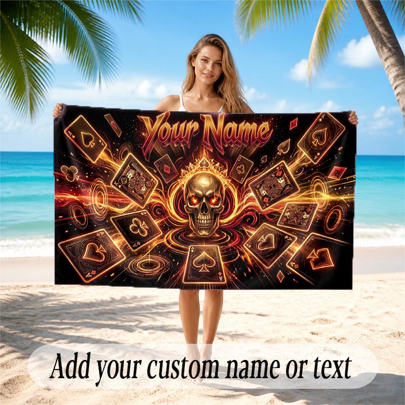 Skull Gothic Theme Quick Dry Beach Towel Custom Name Text Print Large Sand Resistant Towel Beach Vacation