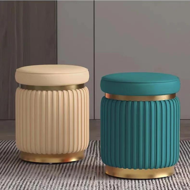 Small Stools Leather Stools Light Luxury Round Stool Makeup Stool Living Room Coffee Table bench High-end Sofas Soft Cushions