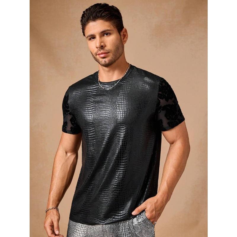 

Модная лоскутная футболка с узором крокодиловой кожи, трендовая повседневная мужская футболка L чёрный