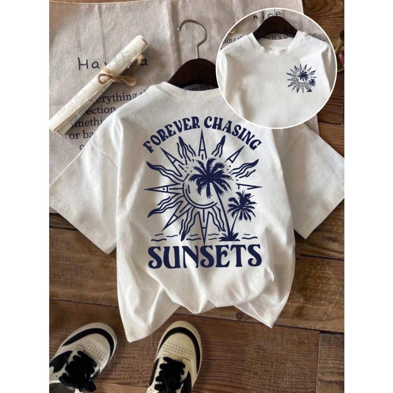 Sunshine Coconut Tree Printed Short Sleeve T-Shirt Casual Versatile Summer Daily Wear and Out Kawaii Slim Top