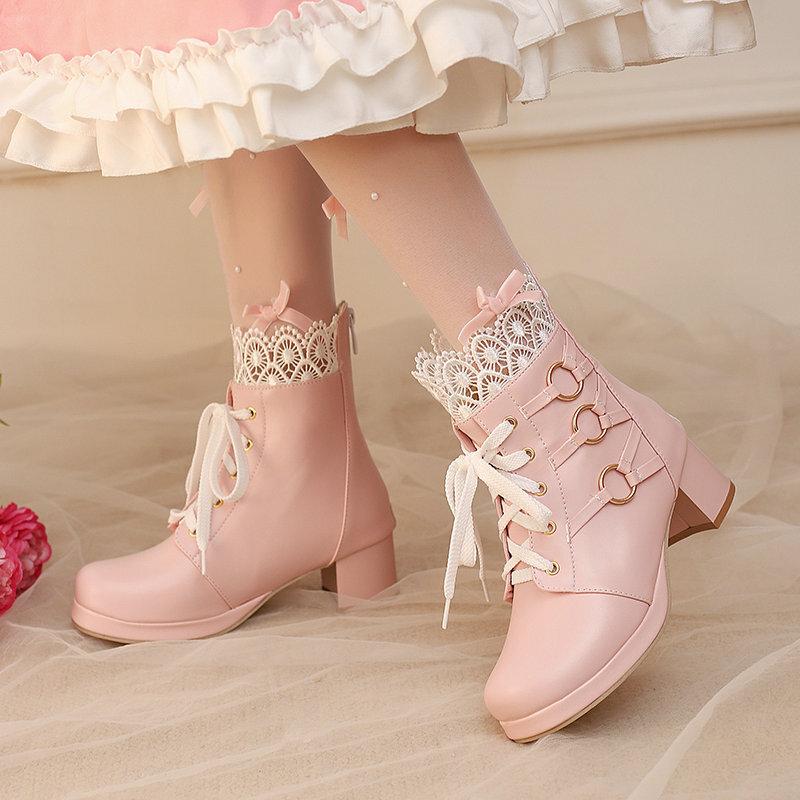 Short Boots Lace Belt Buckle Hollowed Out LO Lolita Shoes Student Dress Short Boots and Ankle Boots