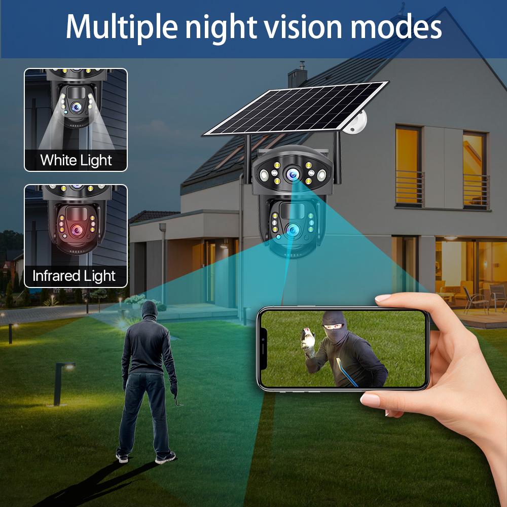 Solar-powered Charging Monitor, Wireless WIFI 4G Camera with Night Vision, High-definition Dual-lens Dual-view Home Security Camera.