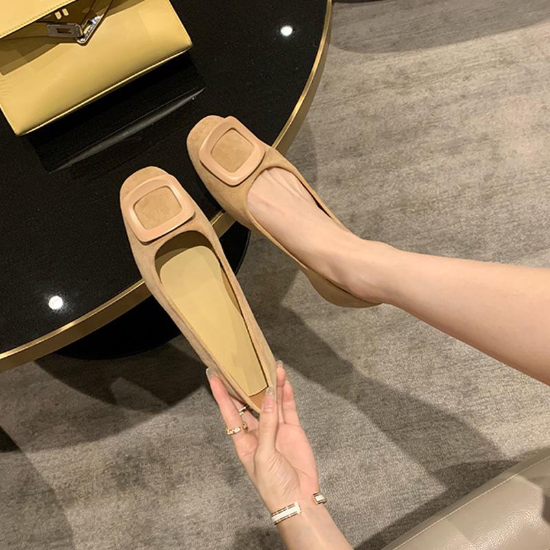Autumn Round Toe Suede Commuter Flats: Elegant Square Buckle Design for Women