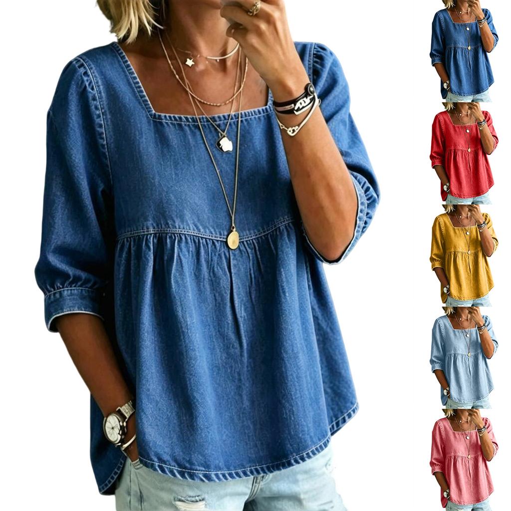 Chemise Patchwork Dentelle Denim pour Femme Col Carré Manches Courtes Décontractée Coupe Ample Blouse Tissu Léger Respirant