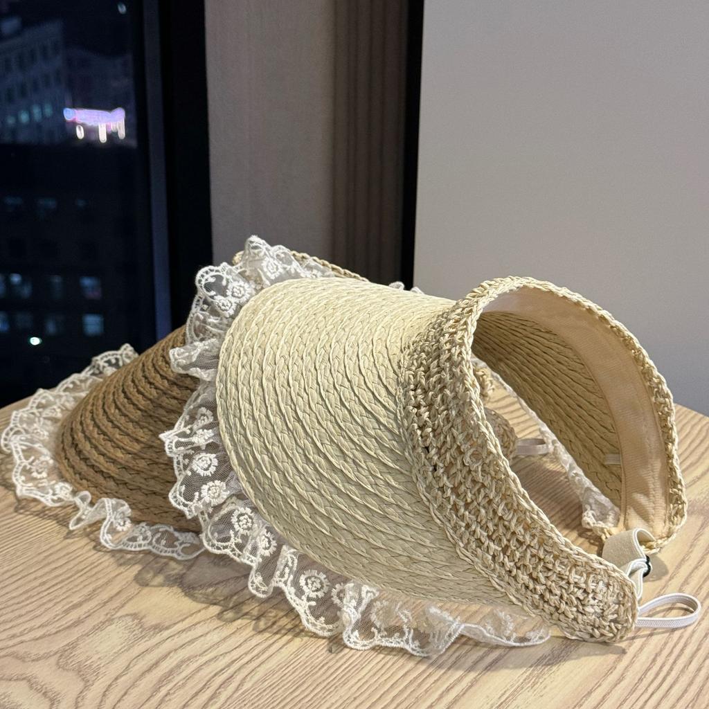 Ladies Empty Straw Hat Lace Foldable Big Eaves Sunscreen Sun Hat Vacation Wind Woven Sun Hat