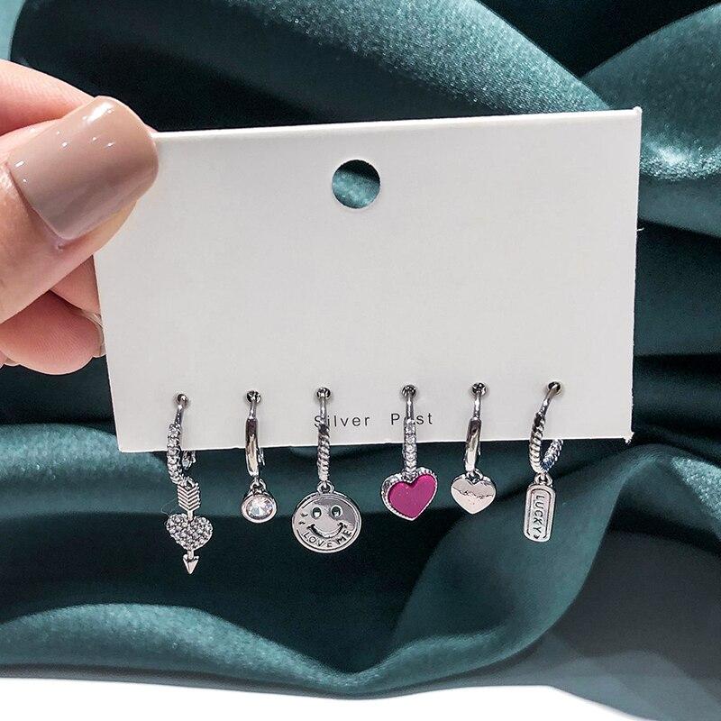 925 Sterling Silver 6-piece Earring Female Set Smiley Heart Lucky Hoop Earrings Personal Party Jewelry Gift