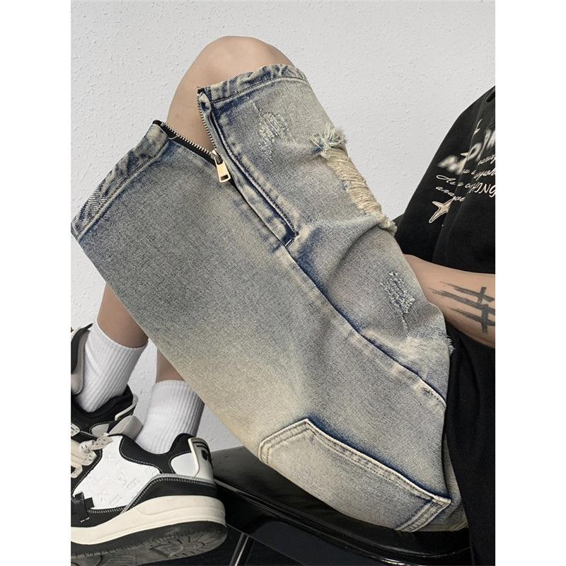 2026 Summer New Vintage Ripped Denim Shorts for Men, Loose Wide-Leg Five-Pocket Pants
