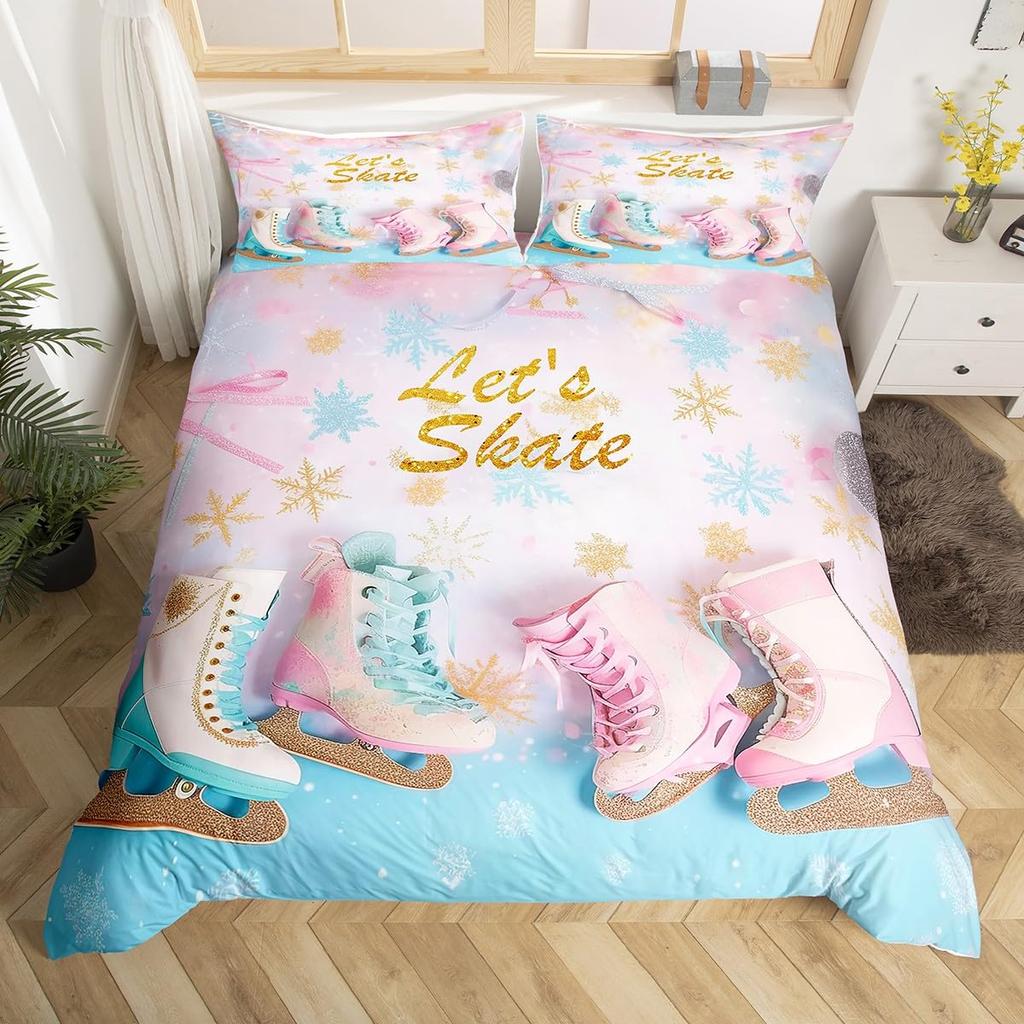 Ice Skating Duvet Cover Set For Kids Teens Queen Size Lightweight Down Quilt Covers 2 Pillowcases 1 Comforter Cover No Comforter