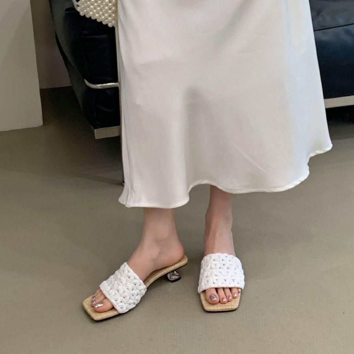 New Hollowed-Out Woven Wedge Heel Slippers Women S Fashion One-Word Cool Slippers Retro High Heels 35