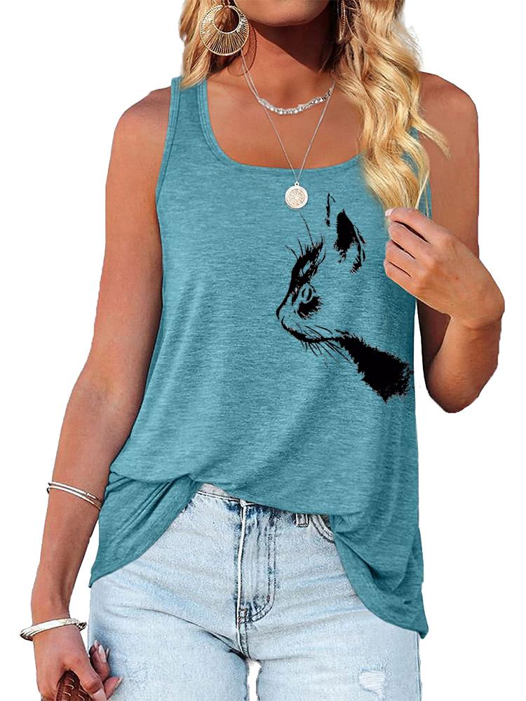 Women Fashion O Neck Print Tank Top Summer Casual Sleeveless T-shirt