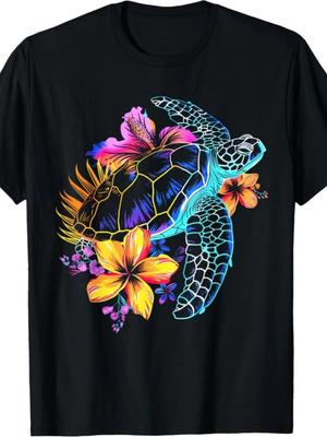 Vintage Hawaiian Sea Turtle Hibiscus Graphic Men’s T-Shirt Tropical Beach Tee