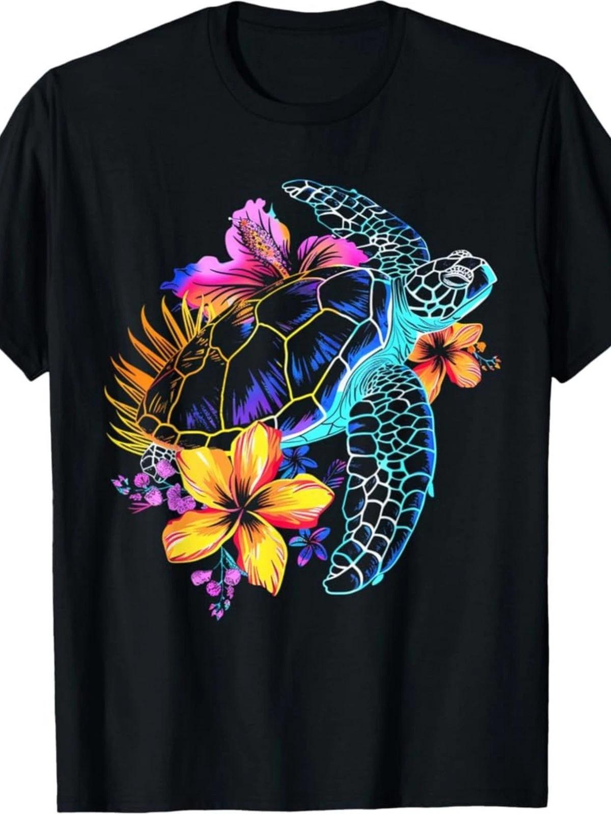 Vintage Hawaiian Sea Turtle Hibiscus Graphic Men’s T-Shirt Tropical Beach Tee L