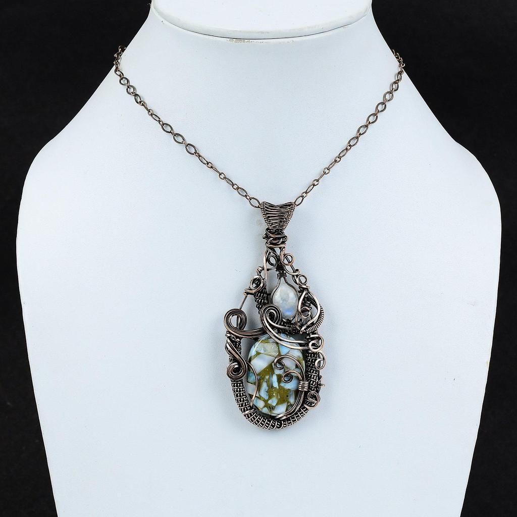 Copper Larimar Pendant Copper Wire Wrapped Pendant Rainbow Moonstone Pendant Copper Wire Wrap Jewelry Gift For Him Handmade Gemstone Jewelry