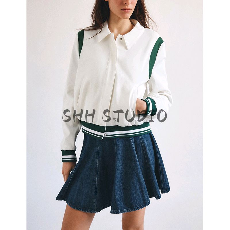 Spring New Women's Clothing American Retro All-Matching Turn-down Collar Long Sleeve Contrast Color Detail Rib Outwear 5030731