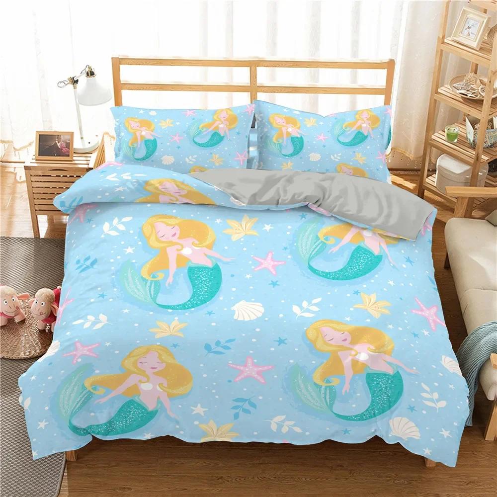 

Crib Blue Cartoon Mermaid Edredones Niños Bedding Set Single Twin Double Queen King Cal King Size Bed Linen Set 70x133cm