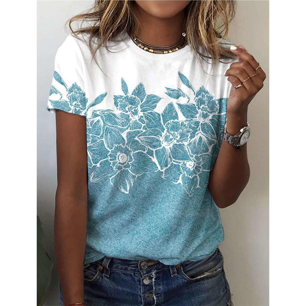 Women's Short Sleeved T-shirt, Printed 3D Printed Top, Casual Round Neck T-shirt, Women's Loose T-shirt
