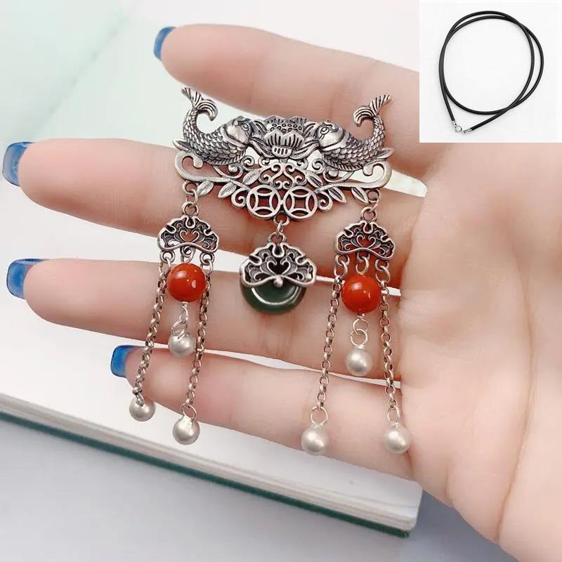 Exaggerated Ethnic Style 925 Sterling Silver Fish Lotus Pendant Necklace for Women with Safety Buckle