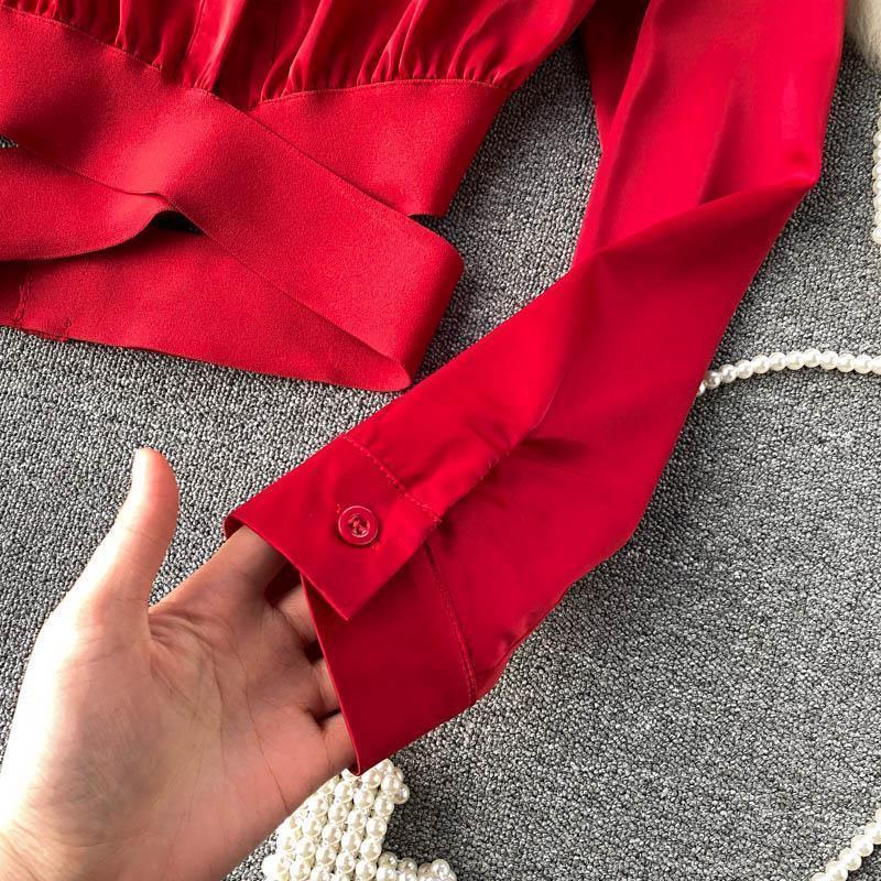 Spring French Design Sense Elegant Shirt Women Aesthetic Elastic Belt Waist Slim Short Blouse Female New Fashion Solid Retro Shirt Joker