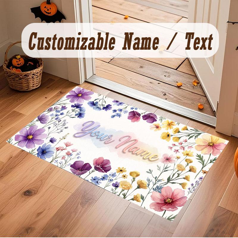 Floral Garden Theme Crystal Velvet Floor Rug Personalized Custom Name Text Warm Carpet Home Decoration