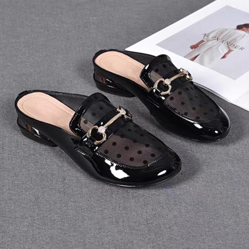 Fashion Soft Leather Mesh Cool Slippers Women 2025 Summer Wear Soft-Soled Sandals Low Heel Thick Heel Fashion Bag Head Half Drag Sandals