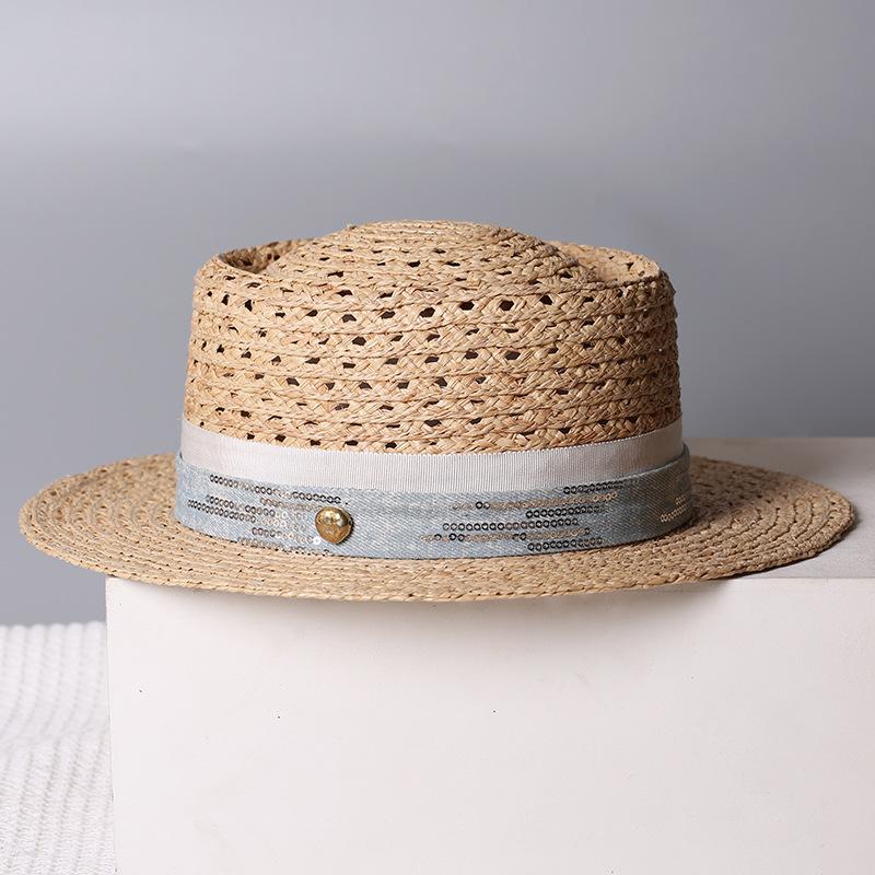 New Hollow Flat Top Straw Hat Women's Summer Straw Shade Sunscreen Hat Seaside Vacation Versatile Big Eaves Sun Hat