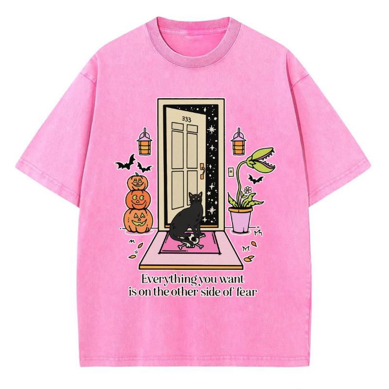 Halloween Pumpa Demon Tryck Dam T-shirt Tvättad Denim Casual Retro Lös Kortärmad Holiday Wear Kläder