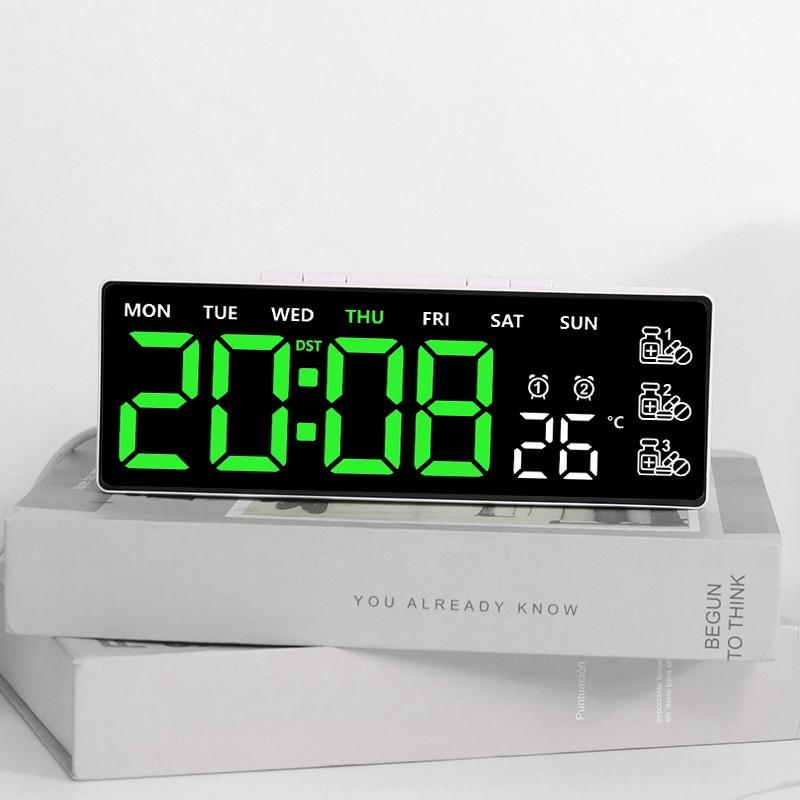 Digital Alarm Clock TEMP Date Week 3 Medication Reminders 2 Alarm 3 Levels Brightness USB Output Charging Port 12/24H LED Clock