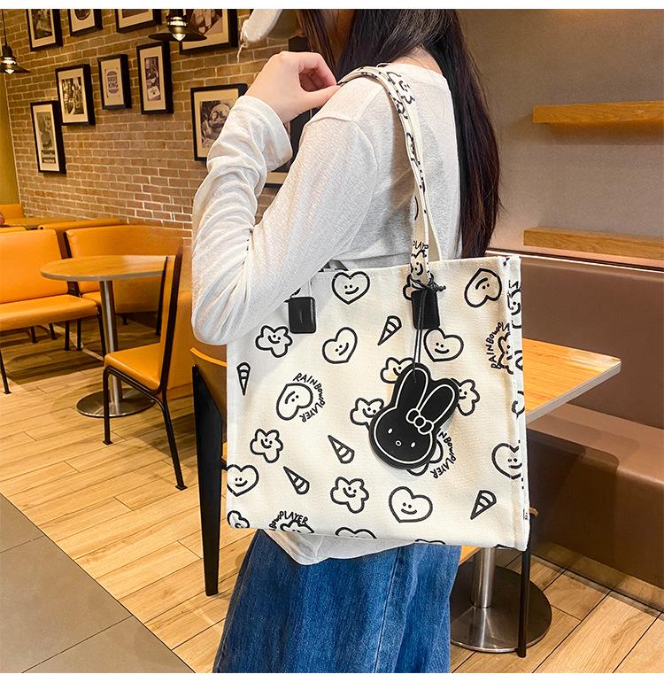 Cute Cartoon Canvas Shoulder Bag - Large Capacity, Fashionable & Versatile Heart Tote for Women