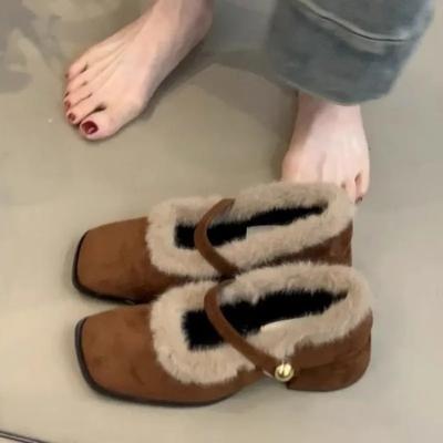 Fashion Women's Fashion Thick Heel Cotton Boots Winter New Square Head Shallow Mouth Suede Anti-slip Wear-resistant Low-top Shoes