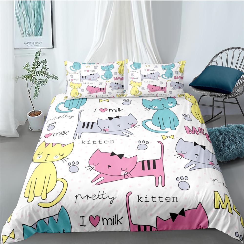 Classic Modern Cartoon Cat for Kids Girl Polyester Kitten 2 3pcs Animal Single Twin Queen King Quilt