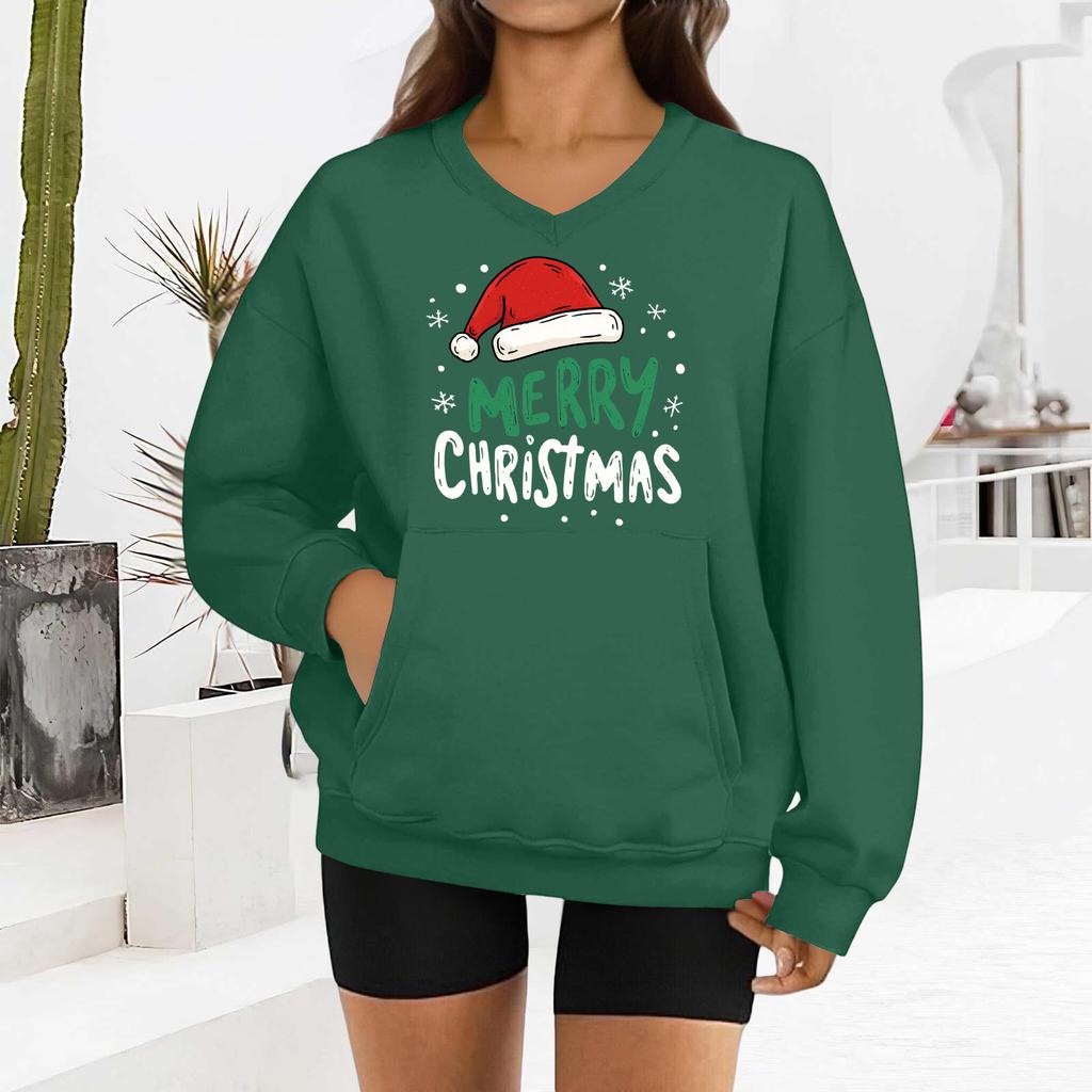 Damen Modisches Weihnachtsdruck Langarm V-Ausschnitt Sweatshirt