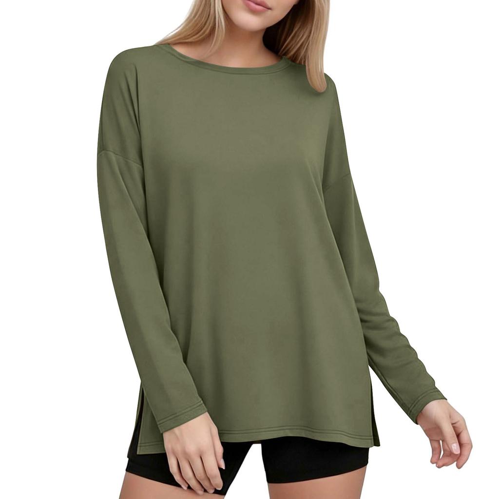 Women's Casual Long Sleeve Loose Fit T-Shirt with Crew Neck and Side Slit Hem Lightweight Pullover Top for Everyday Wear