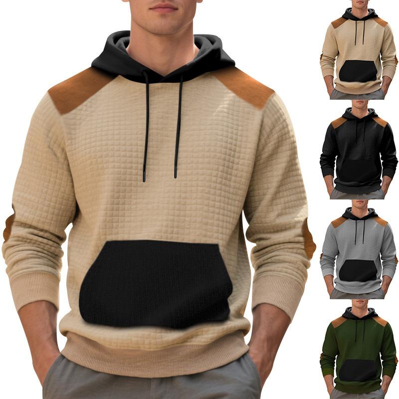 Mens Casual Loose Plaid Color Block Hooded Pullover Sweatshirt With Large Pockets