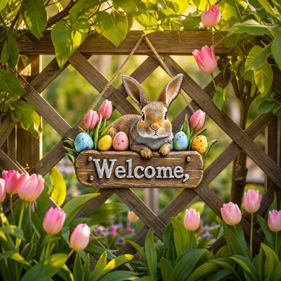 Easter Bunny Welcome Door Sign, Welcome Sign for Front Door, Cute Wooden Rabbit Hanging Plaque, Farmhouse Front Porch Sign for Spring Shop Home