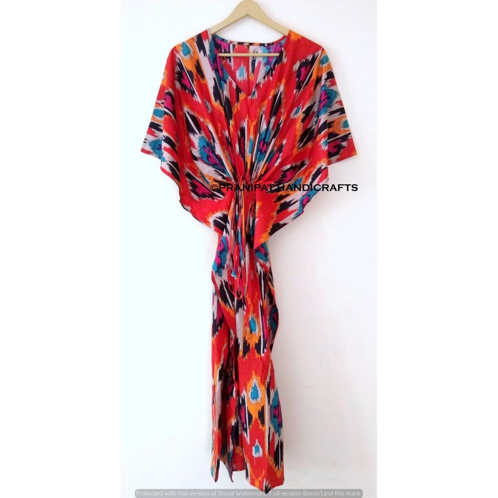 Femei Hippie Bumbac Vară Pijama Imprimeu Ikat Roșu Rochie Lungă Maxi Caftan CKFTN-SCRN-FULL-BUYIT-099