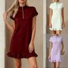 Women's Zip Stand Collar Short Sleeve Mini A-Line Dress Slim Fit Mid Rise Solid Ruffle Hem Straight Dress Streetwear Elegant Summer Casual Outfit