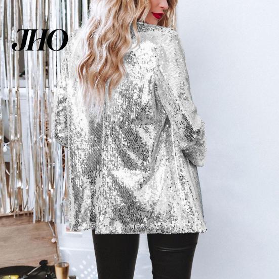 Sequin Outerwear Women's Jacket Shiny Open Front Blazer Evening Women Party Sparkly Long Sleeve Cardigan Coat with Pockets Elegant